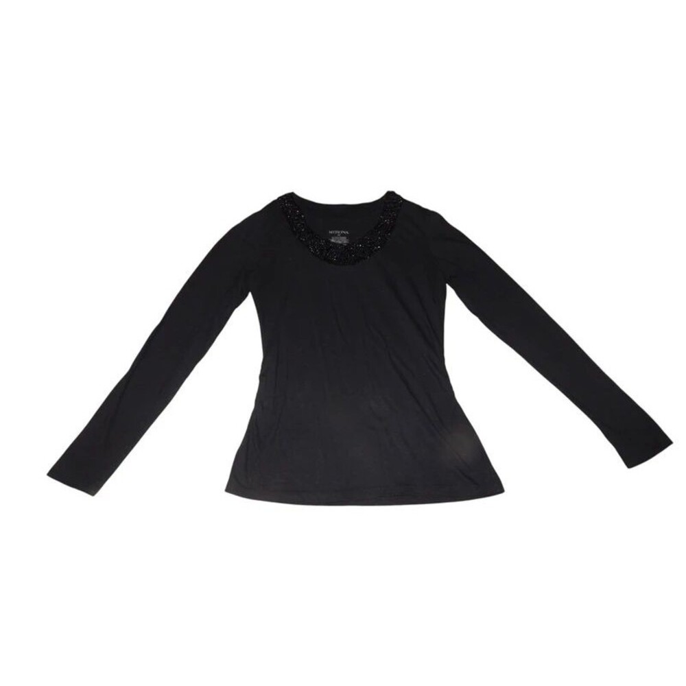 Merona women’s x‑small solid black long sleeve blouse with beaded neckline